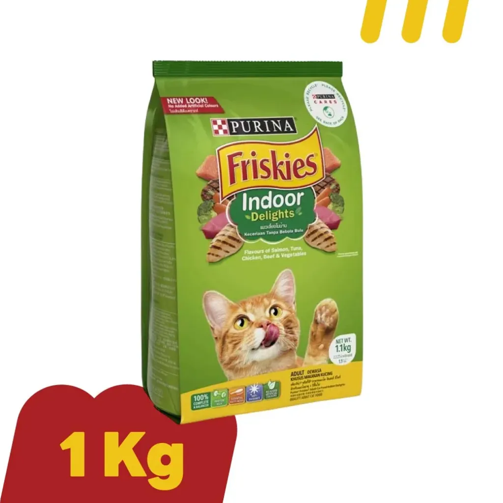 Purina Friskies 1Kg.(เขียว)   Indoor delights อาหารแมวโต สูตรไก่และผัก