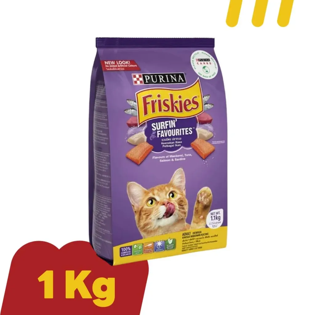 Purina Friskies 1Kg.(ม่วง) Surfin อาหารแมวโต  สูตรปลาแซลมอนและปลาซาร์ดีน