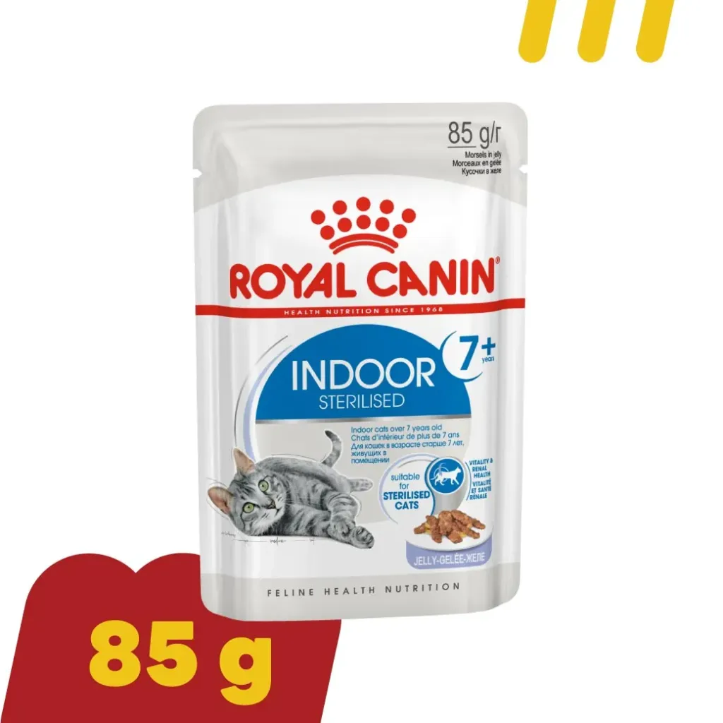Royal Canin 85g (น้ำเงิน) อาหารแมวอายุ 7ปี+ Indoor Sterilised 7+