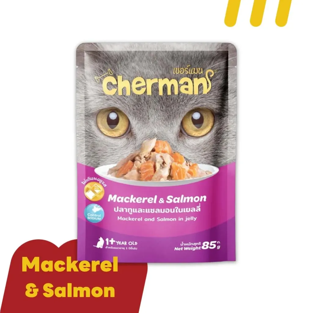 Chermans 85g(ม่วง) อาหารแมว รสปลาทูและแซลมอนในเยลลี่