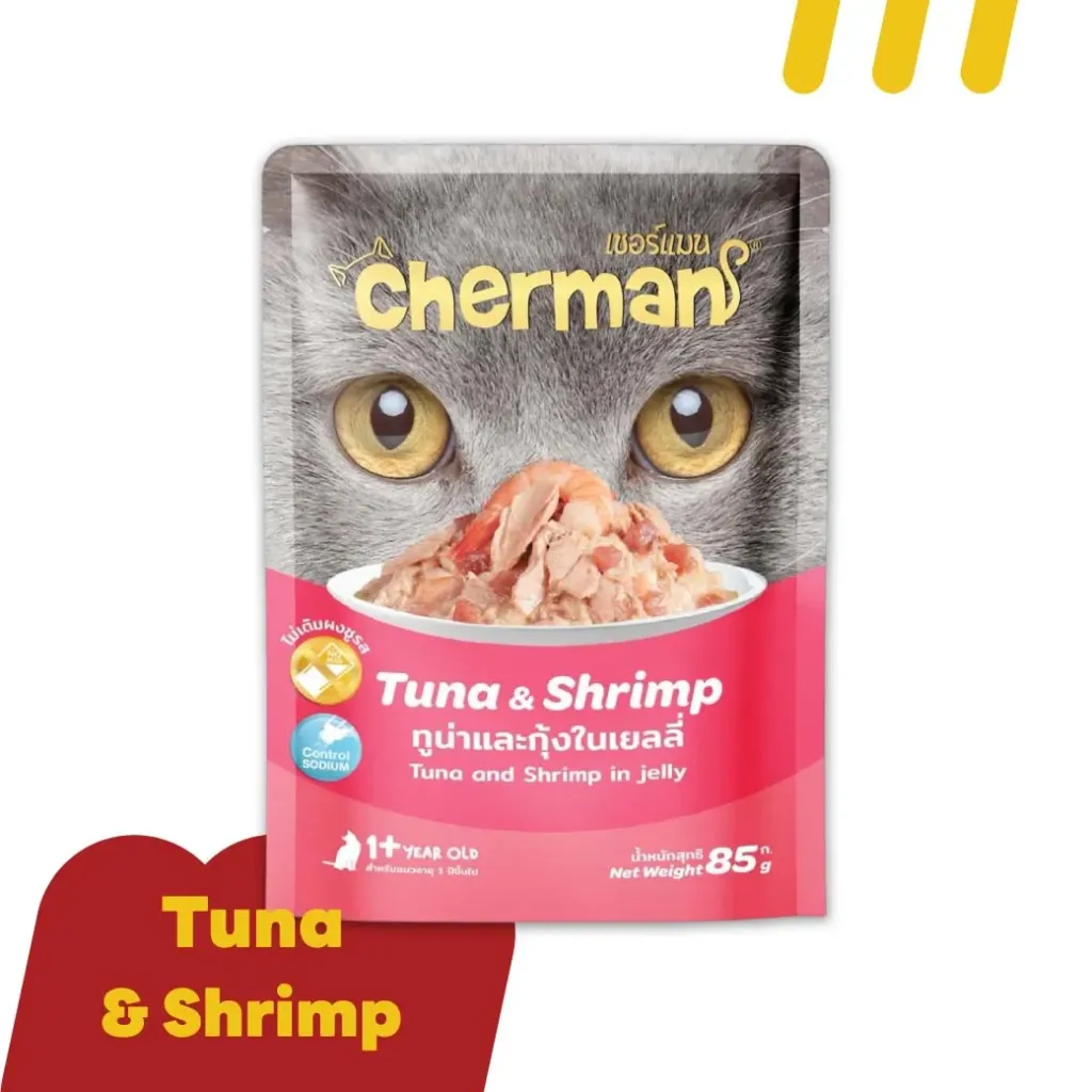 [CHER005] Chermans 85g (แดง) อาหารแมว ปลาทูน่าและกุ้งในเยลลี่
