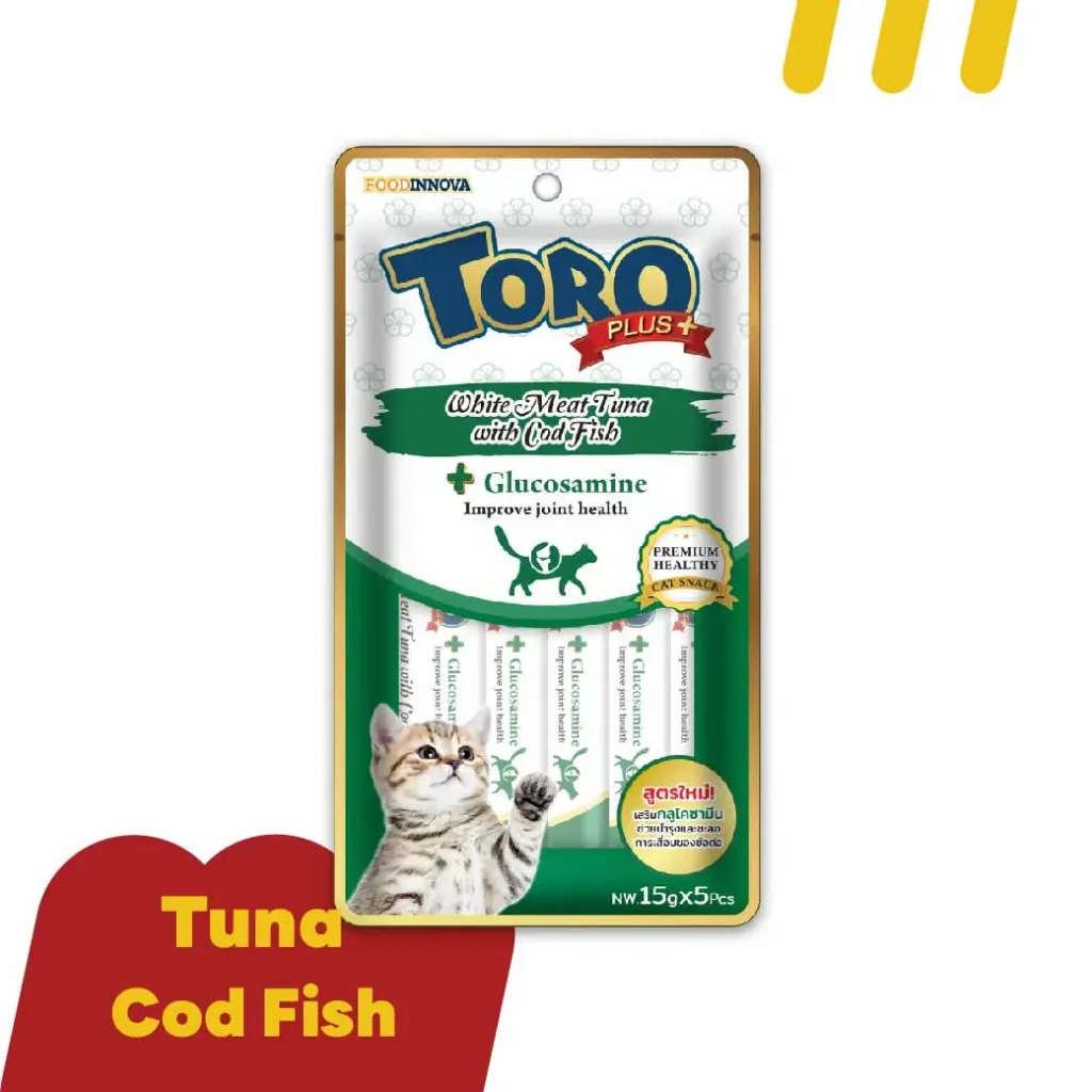 [11-TORO-O0005] (ขนมแมวเลีย) โทโร่พลัส 75g (Glucosamine) ปลาทูน่าเนื้อขาวกับปลาค็อด (เขียว)