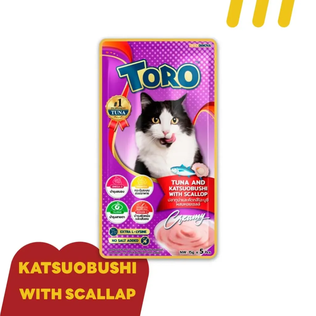 (ขนมแมวเลีย) โทโร่ 15gx5Pcs(ม่วง) (Creamy)ปลาทูน่าและคัตทสึโอะบูชิผสมหอยเซลล์