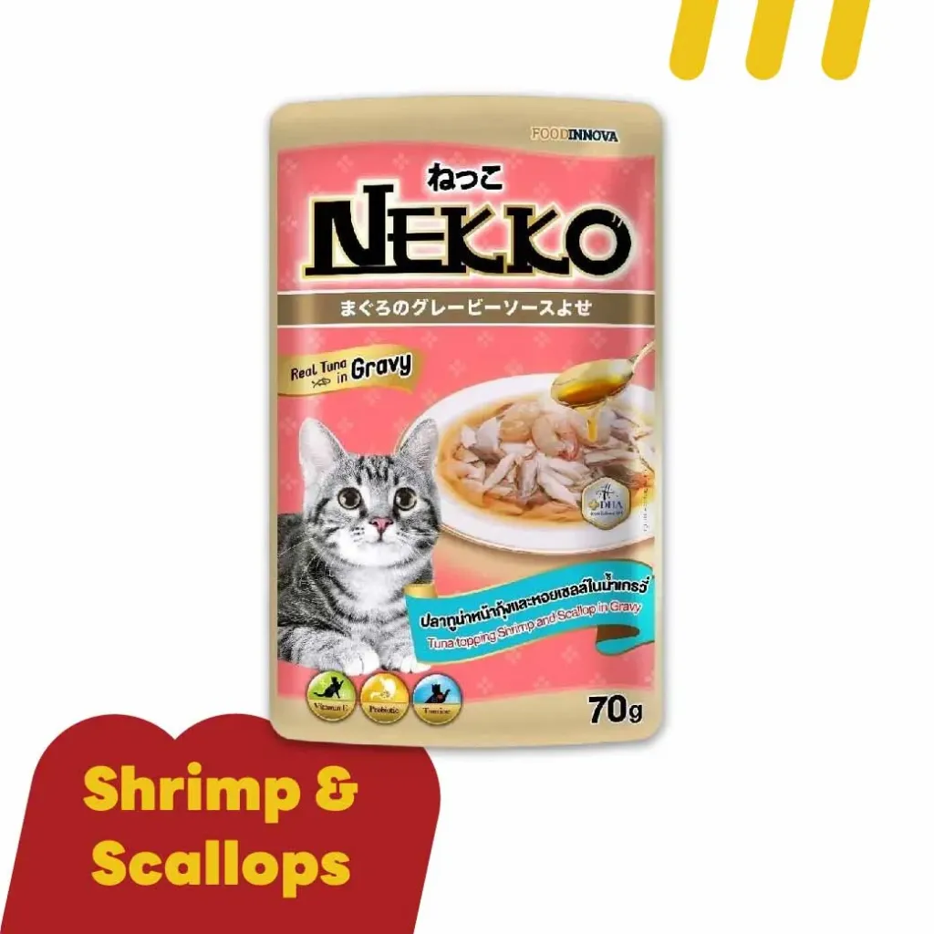 Nekko 70g NP13 (อาหารแมว) ปลาทูน่าหน้ากุ้งและหอยเซลล์ในน้ำเกรวี่