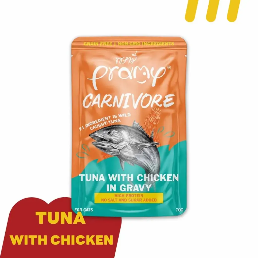 [11-PRAM-Y0016] Pramy Carnivore CV1 70g  (อาหารแมว) ทูน่ากับไก่ในเกรวี่