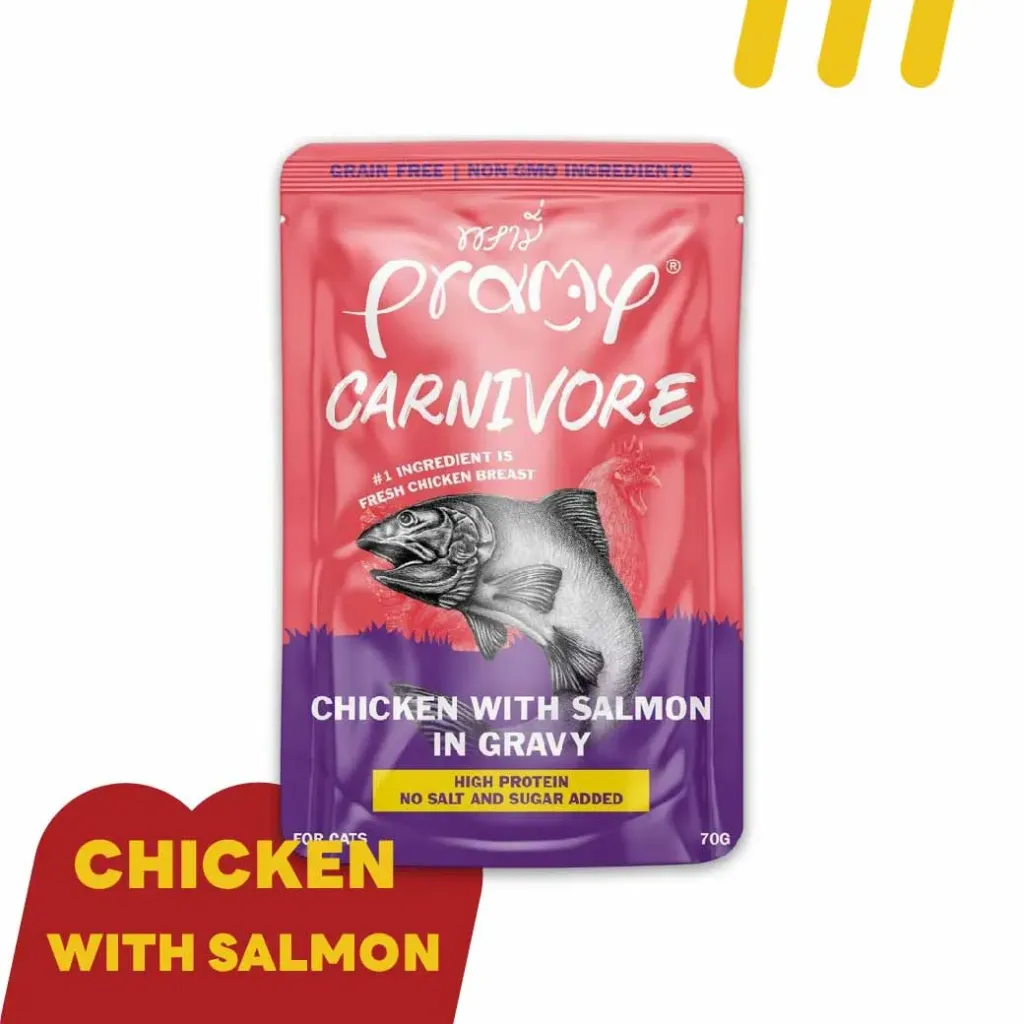 [11-PRAM-Y0017] Pramy Carnivore CV4 70g  (อาหารแมว) ไก่กับแซลมอนในเกรวี่