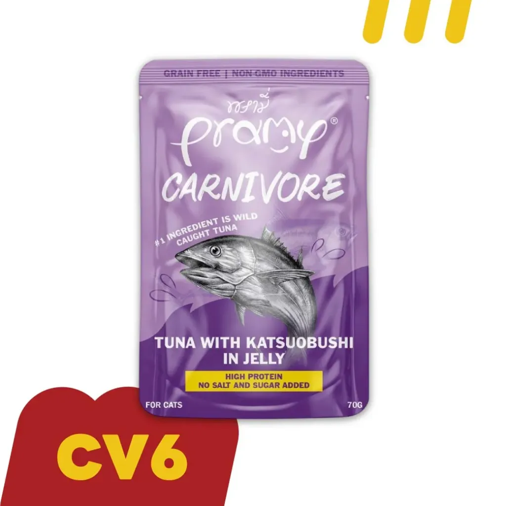 [11-PRAM-Y0010] Pramy Carnivore CV6 70g  (อาหารแมว) ทูน่ากับปลาโออบแห้งในเจลลี่