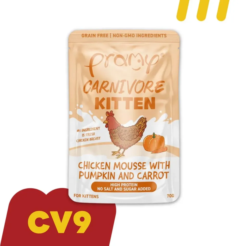 Pramy Carnivore CV9 70g  (อาหารแมว) ไก่มูสกับฟักทองและแครอทในเจลลี่