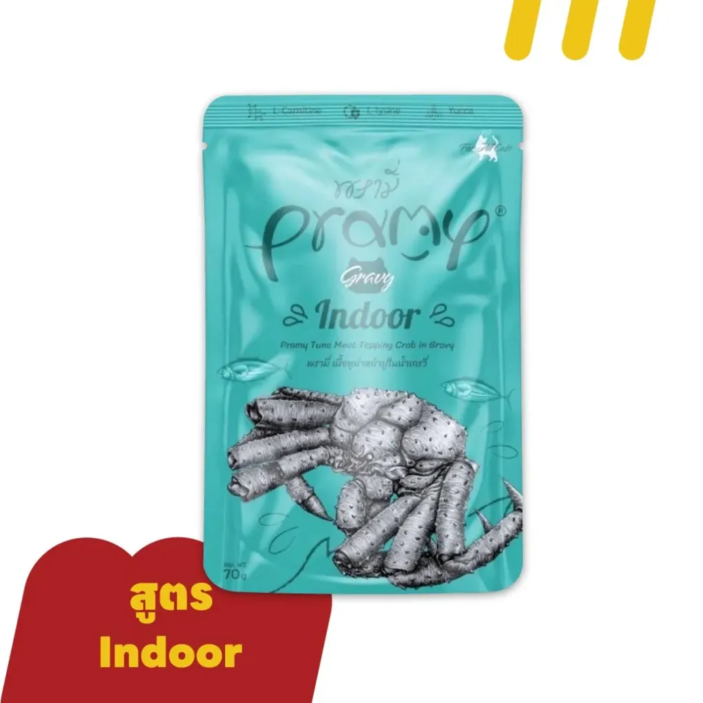 Pramy Indoor GR4 70g  (อาหารแมว) เนื้อทูน่าหน้าปูอัดในน้ำเกรวี่