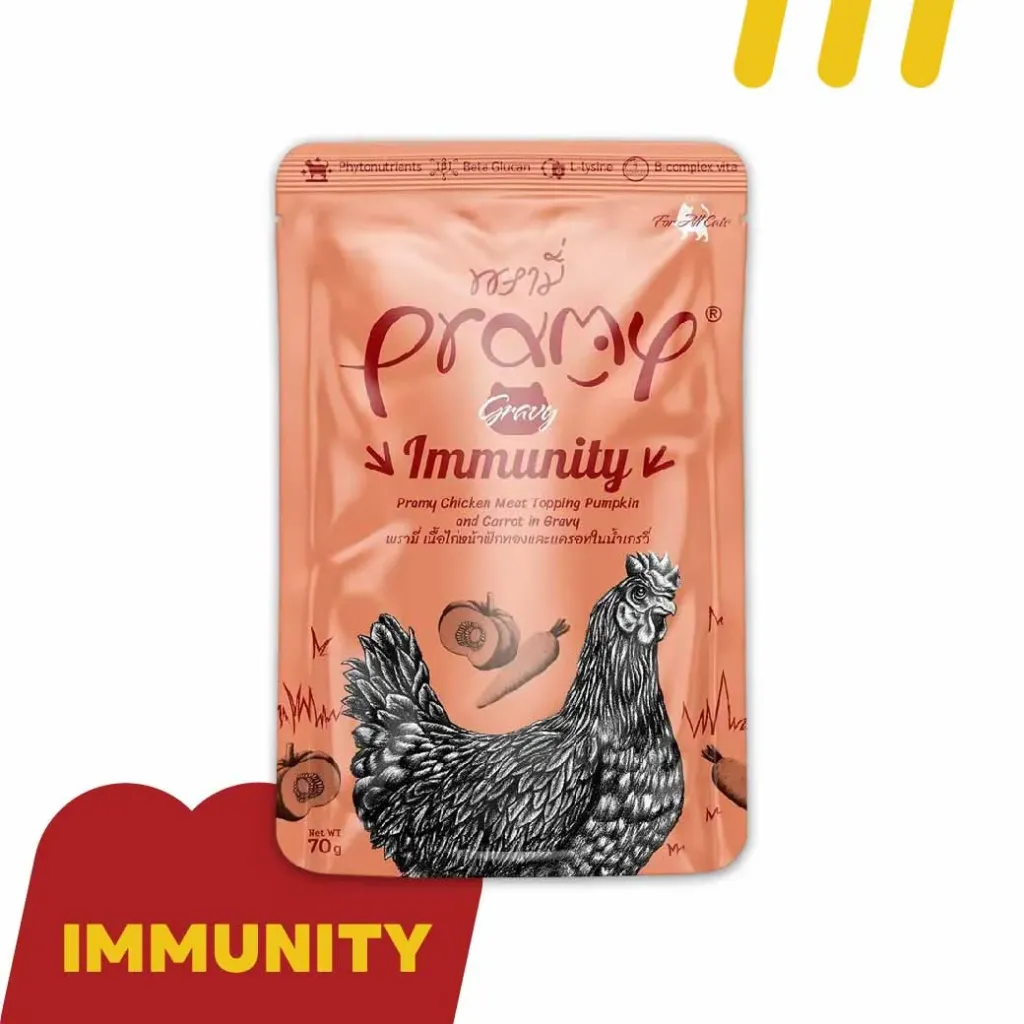 Pramy Immunity GR6 70g  (อาหารแมว) เนื้อไก่หน้าฟักทองและแครอทในน้ำเกรวี่