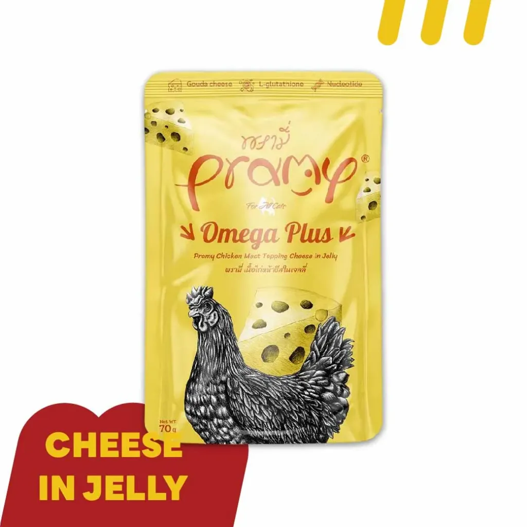 Pramy Omega Plus AD5 70g  (อาหารแมว) เนื้อไก่หน้าชีสในเจลลี่