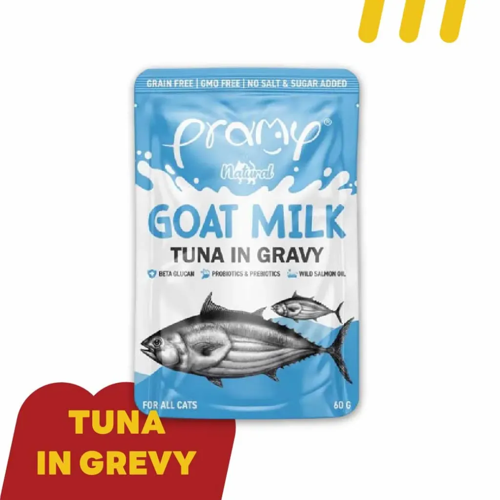 Pramy Goat MilK GC01 60g (ฟ้า) (อาหารแมว) ทูน่าผสมนมแพะในเกรวี่