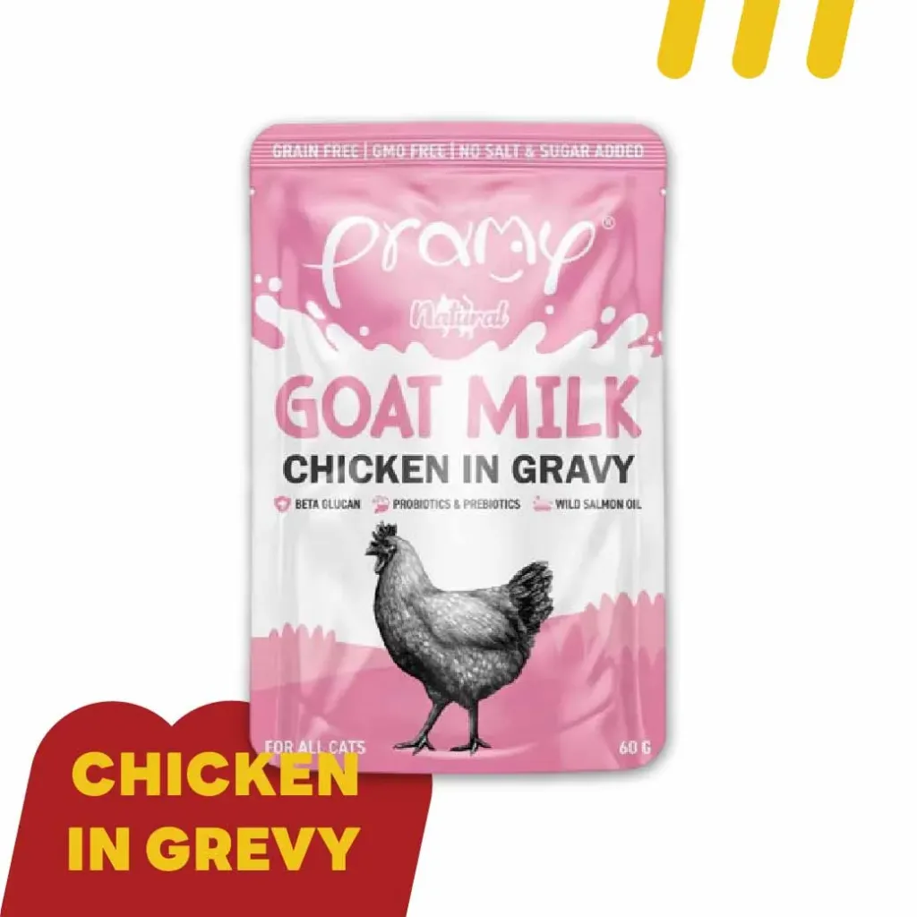 Pramy Goat MilK GC02 60g (ชมพู) (อาหารแมว) ไก่ผสมนมแพะในเกรวี่