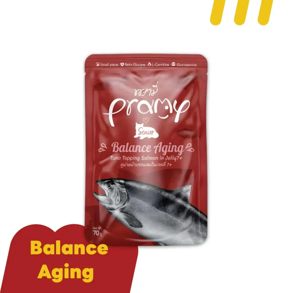 Pramy 7+Balance Aging SN2 70g (แดง) ทูน่าหน้าแซลมอนในเจลลี่ 7+