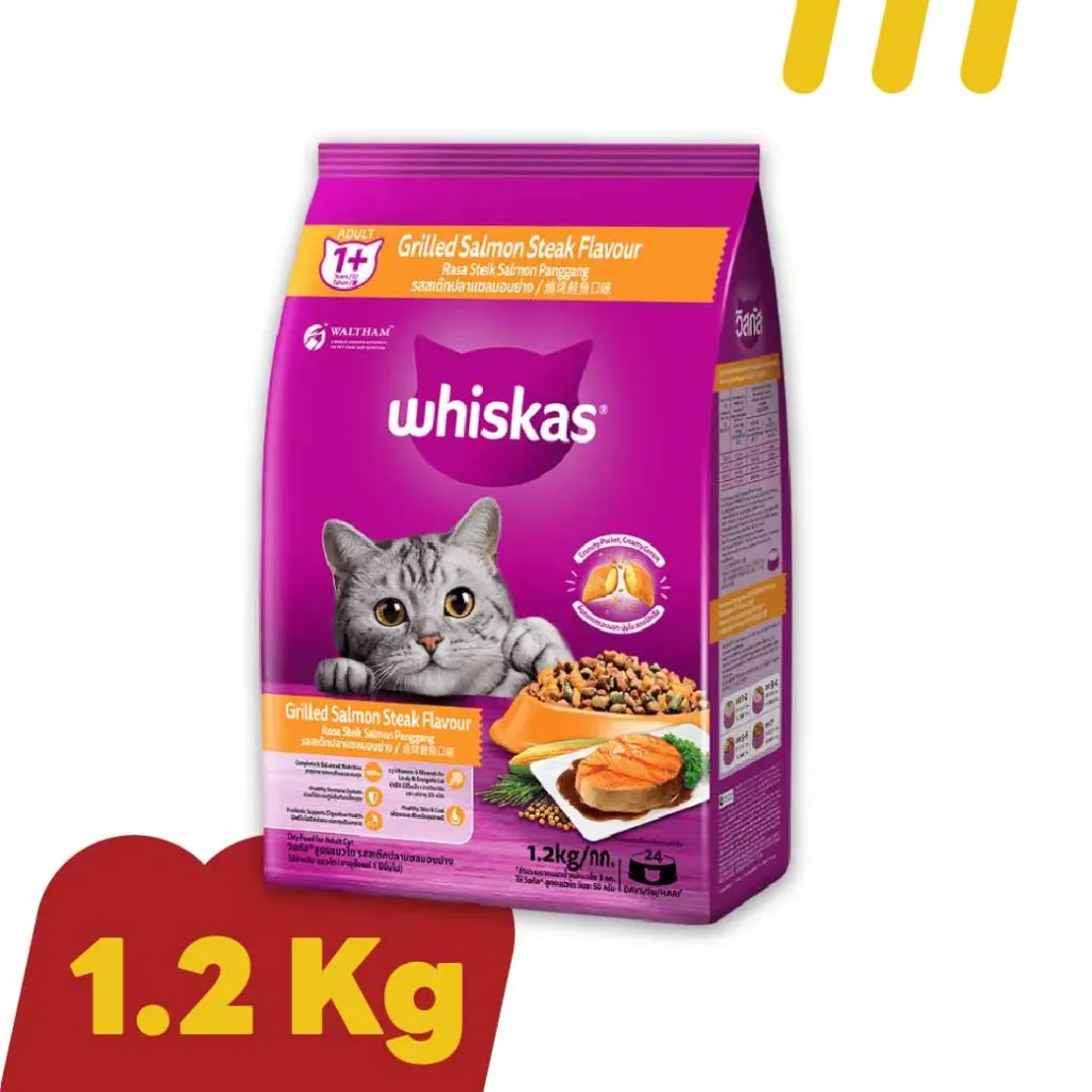 Whiskas 1.2Kg   อาหารแมวโต รสสเต็กปลาแซลมอนย่าง