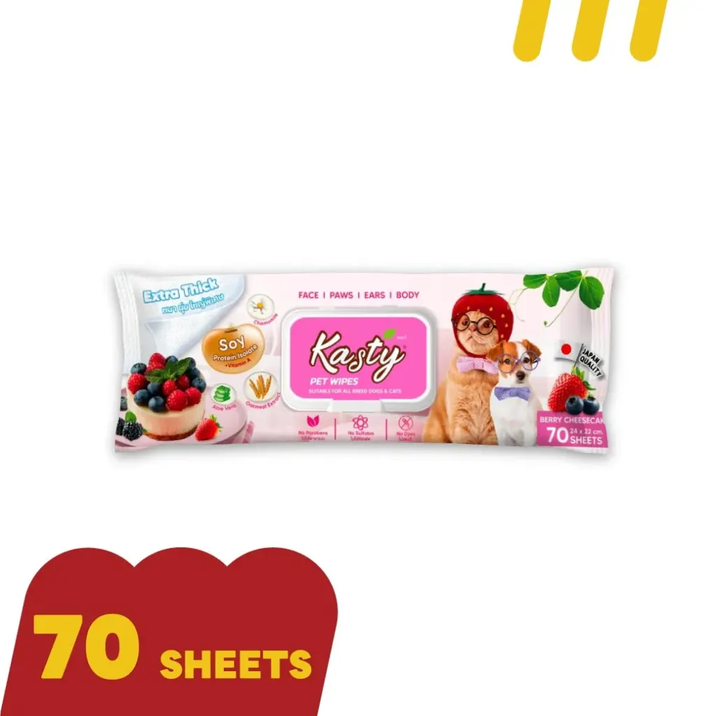 Kasty ทิชชู่ 70แผ่น Berry Cheesecake สำหรับทำความสะอาดสัตว์เลี้ยง