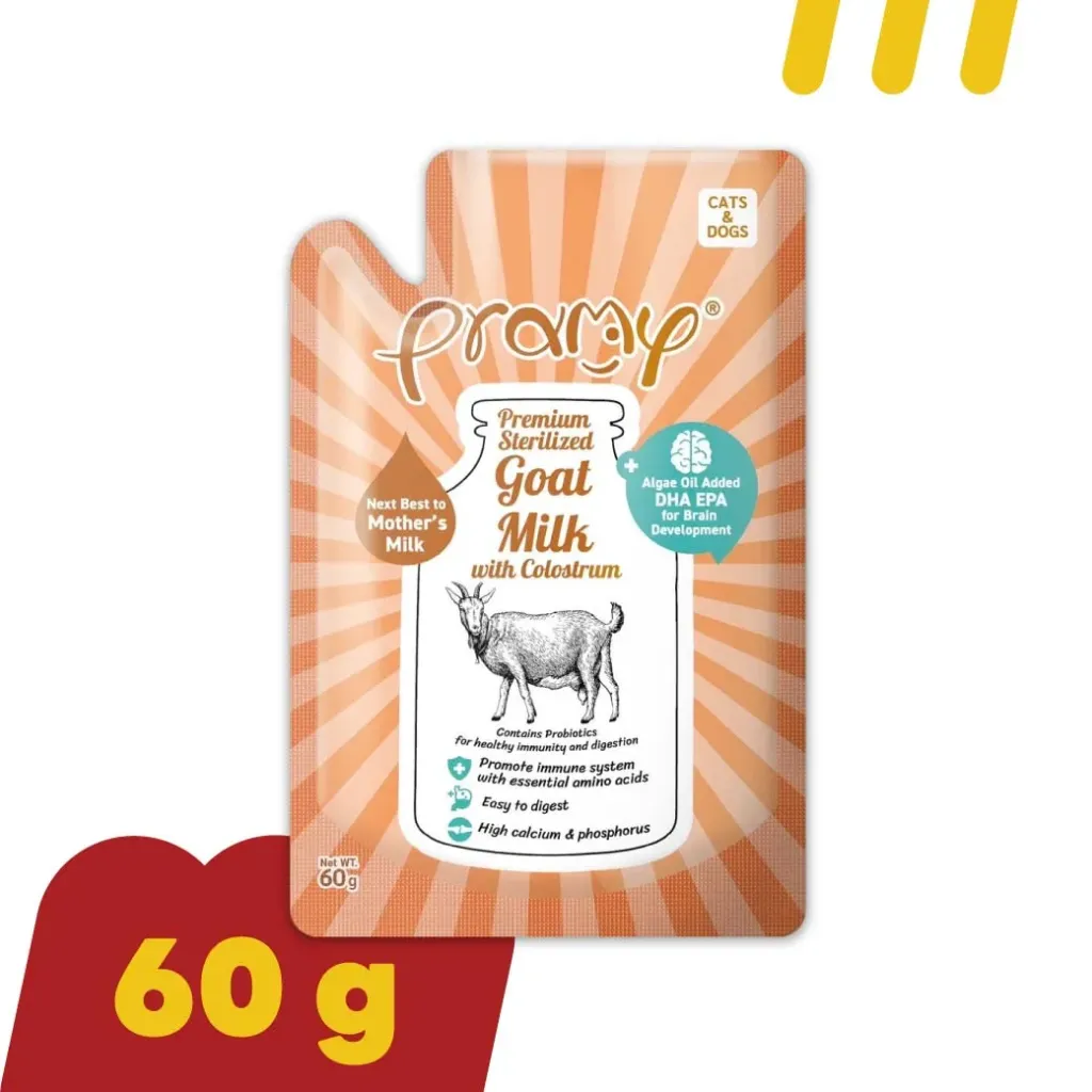 [11-GOMI-LK0004] Pramy Goat Milk 60g GM03 (ส้ม) นมแพะสด (น้ำมันสาหร่าย)  (อาหารลูกแมว)