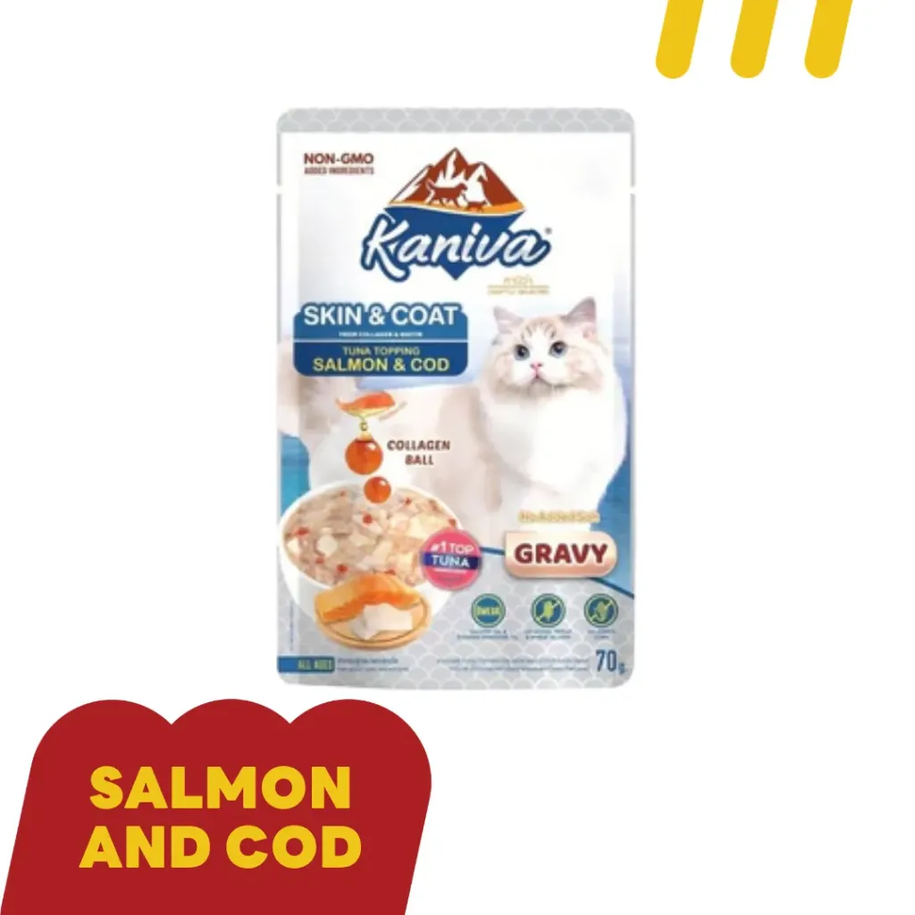 Kaniva (Skin & Coat) 70g.อาหารแมว (ฟ้า) เนื้อปลาทูน่าหน้าเนื้อปลาแซลมอนและเนื้อปลาค็อดเกรวี่